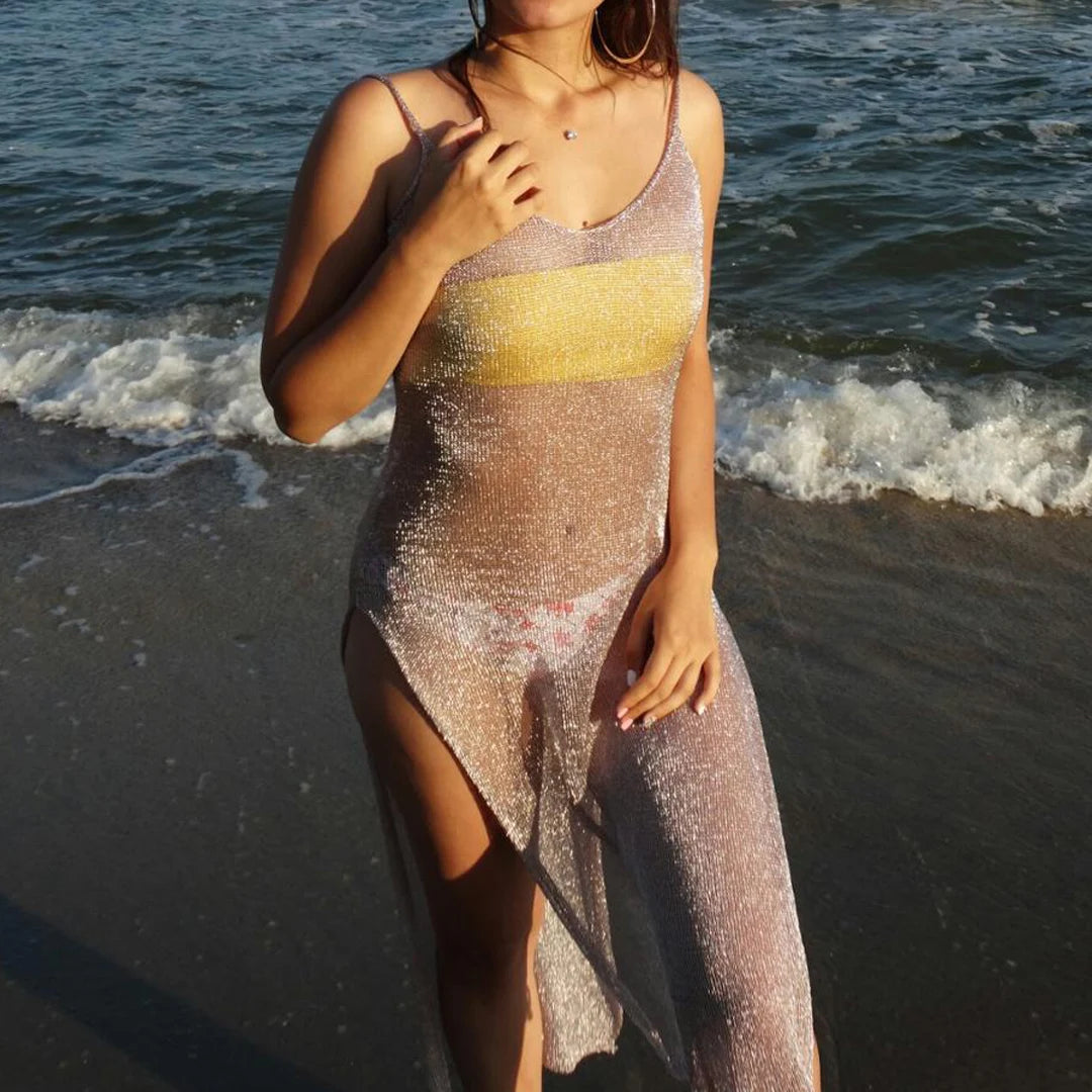 Sexy Sheer Net Mesh Knitted Glitter Tunic Beach Cover Up Cover-ups Long Beach Dress Beach Wear Beachwear Female Women Robe V651