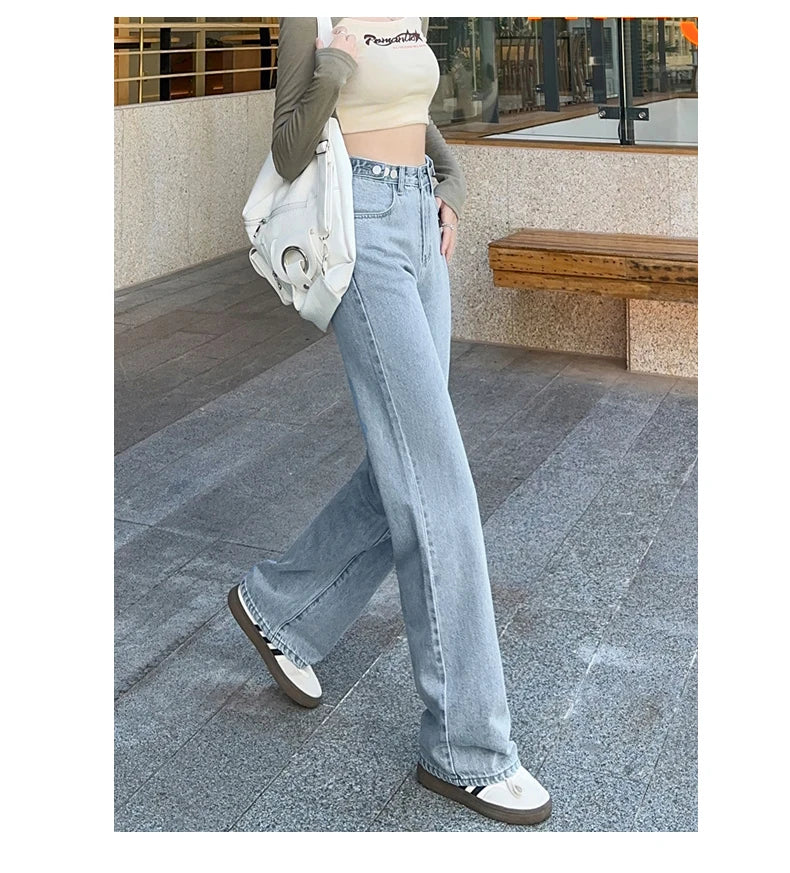 OUSSYU Women Jeans High Waist Wide Leg Loose Straight Adjustable  Waist Denim Pants Vintage Quality Fashion Korea Trousers