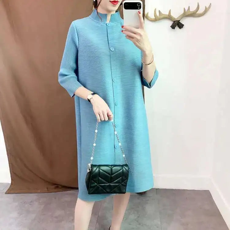 LANMREM Women  Pleated Single Breasted Dress New Stand Theree Quarter Sleeve  Fashion Tide Spring 2025 2F0095