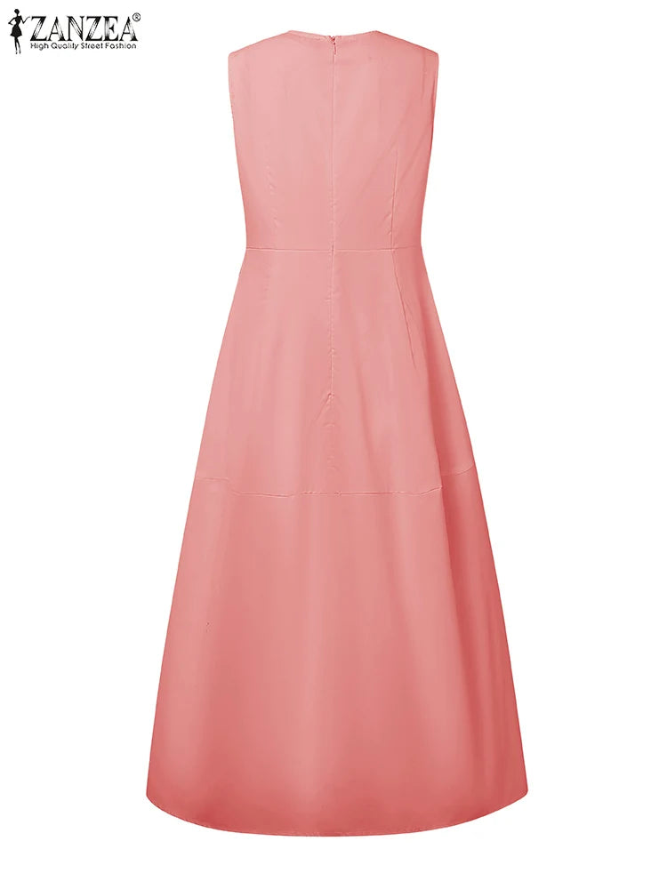 ZANZEA Elegant Women Dresses 2025 Summer Sleeveless Work OL Sundress Stylish Solid Party Dresses Casual O Neck Midi Vestidos