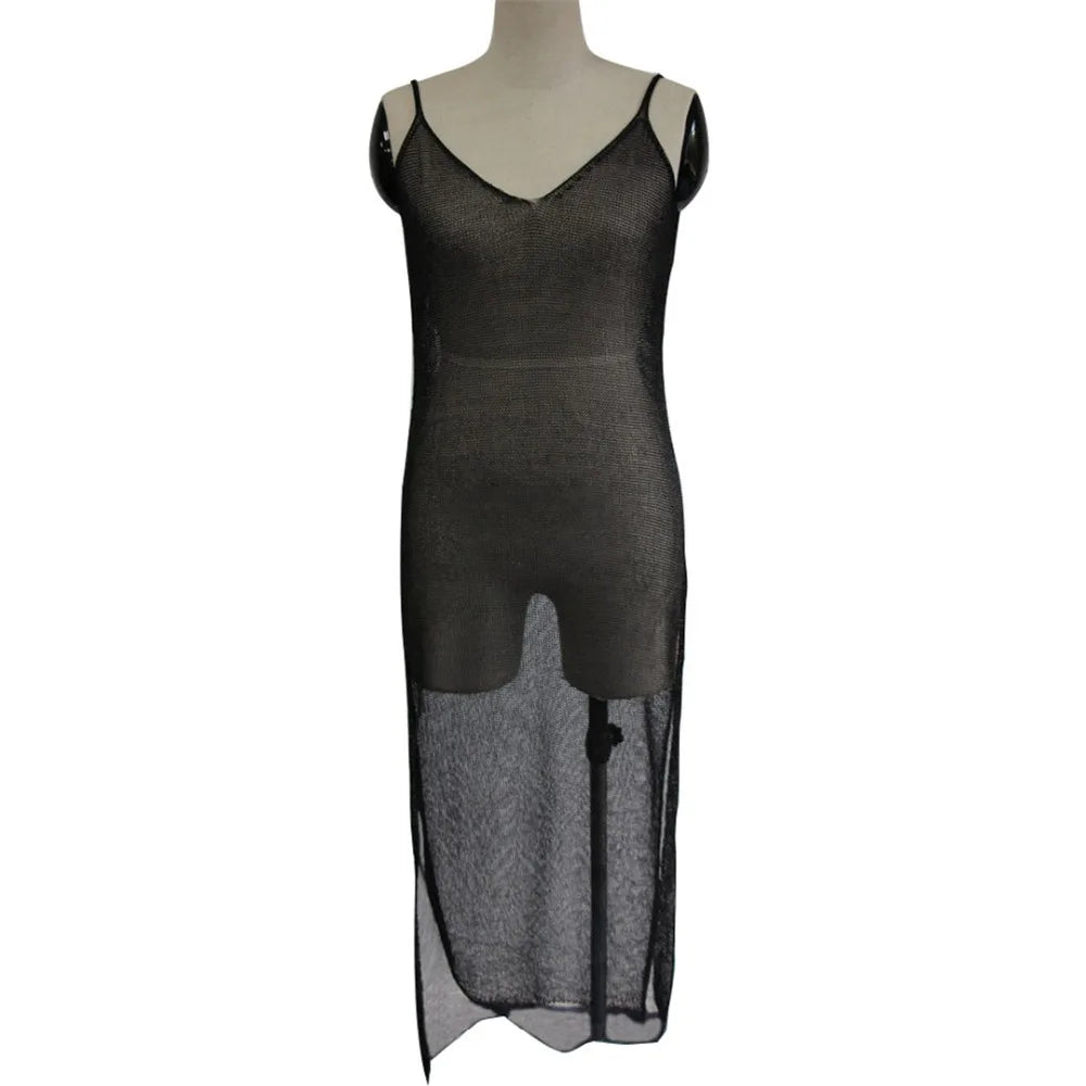 Sexy Sheer Net Mesh Knitted Glitter Tunic Beach Cover Up Cover-ups Long Beach Dress Beach Wear Beachwear Female Women Robe V651