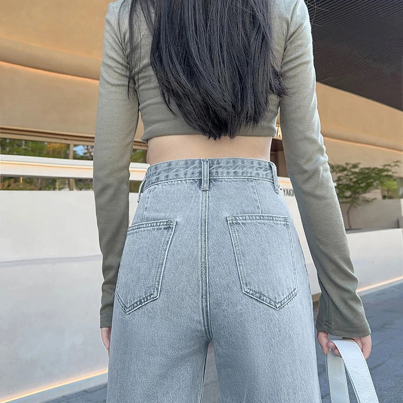 OUSSYU Women Jeans High Waist Wide Leg Loose Straight Adjustable  Waist Denim Pants Vintage Quality Fashion Korea Trousers
