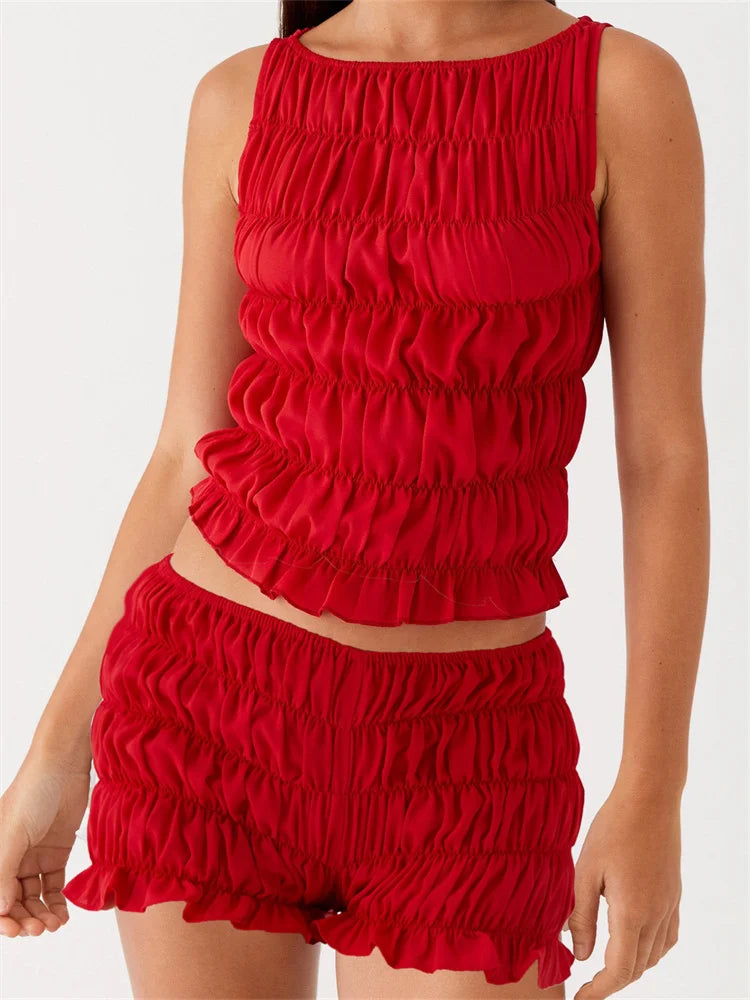 Women's 2 Piece Lounge Outfits Sleeveless Solid Color Ruched Tank Tops Shorts Sets