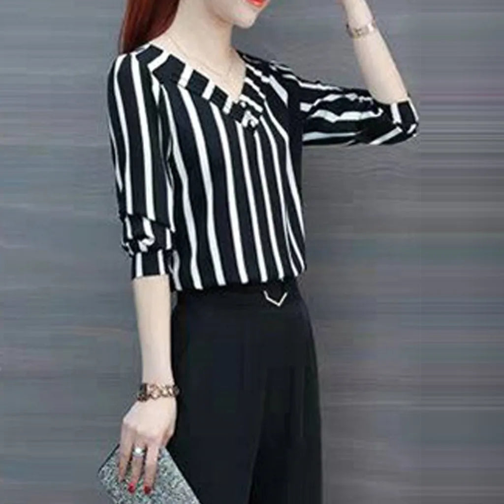 Business Tops Shirts Women Fashion Leisure Three Quarter Sleeve V Neck Blouse Stripe Print Women's Lace Slimming T Shirts