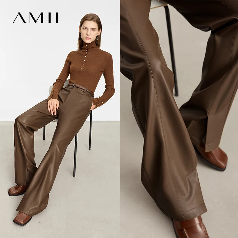 AMII Minimalist Casual Pants for Women 2025 Autumn Clothing PU Leather Loose Straight Pants Slit Office Lady Trousers 12343250