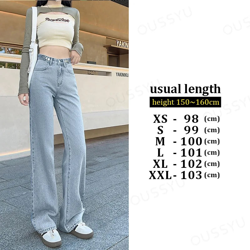 OUSSYU Women Jeans High Waist Wide Leg Loose Straight Adjustable  Waist Denim Pants Vintage Quality Fashion Korea Trousers
