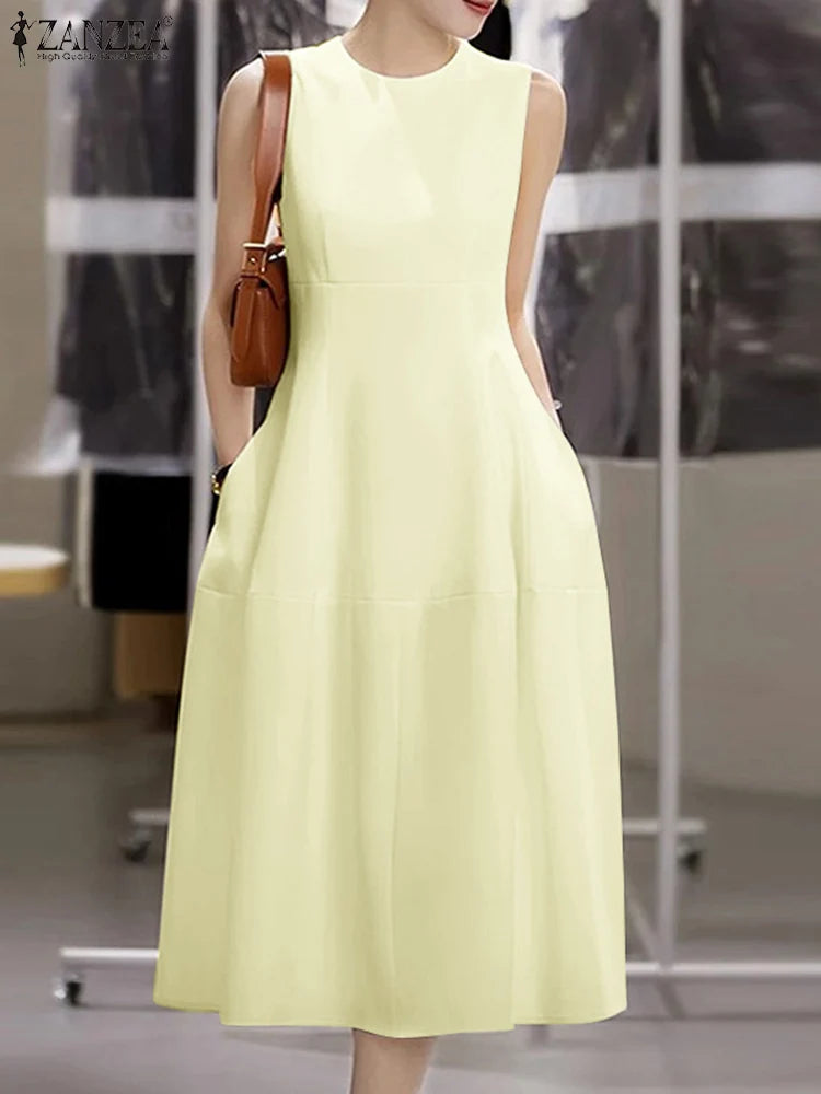 ZANZEA Elegant Women Dresses 2025 Summer Sleeveless Work OL Sundress Stylish Solid Party Dresses Casual O Neck Midi Vestidos