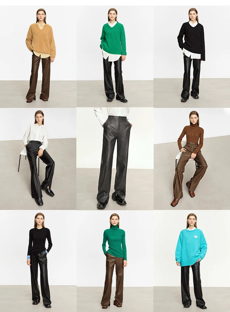 AMII Minimalist Casual Pants for Women 2025 Autumn Clothing PU Leather Loose Straight Pants Slit Office Lady Trousers 12343250