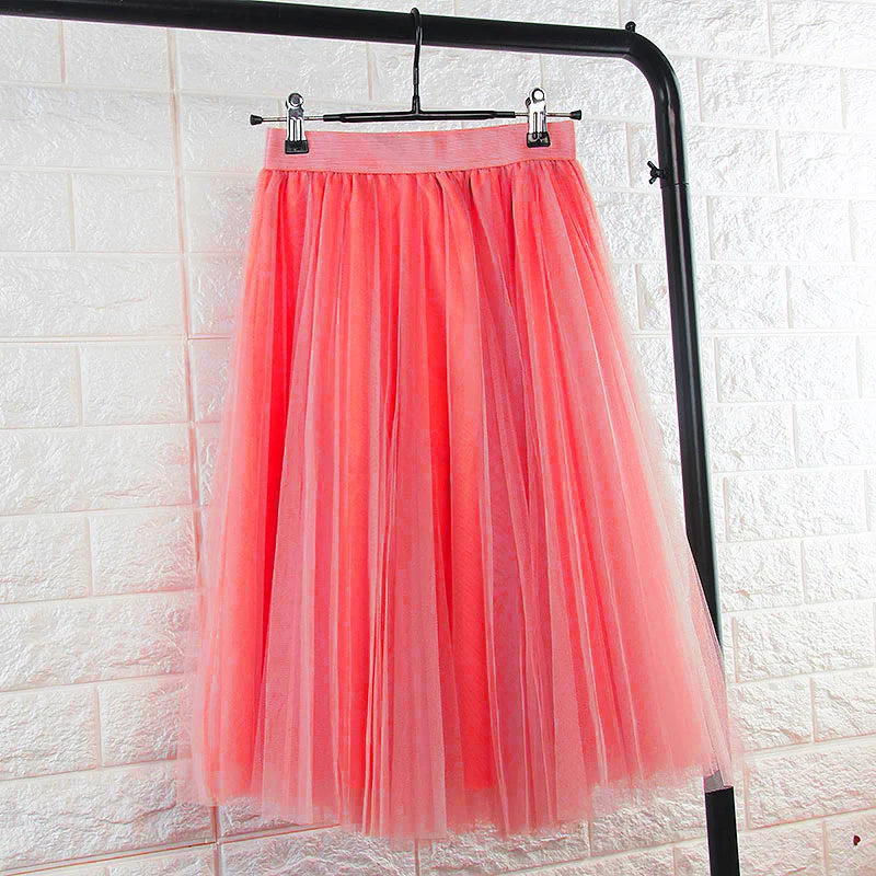 TingYiLi 4 Layers Tulle Skirts Womens Black Gray White Adult Tulle Skirt Elastic High Waist Pleated Midi Skirt