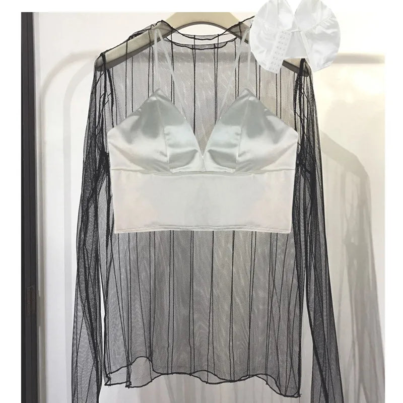 Sexy Satin Crop Tops Women Wireless Bralette Crochet Top Female Spaghetti Strap T-shirt Cropped With Chest Padded Camisole Camis