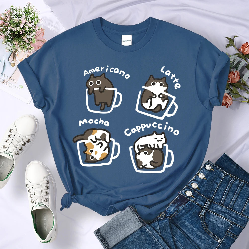 Cat Coffee Art Letter Printed T-Shirts Women Breathable O-Neck Tee Shirts Loose Short Sleeve Soft Street Casual Clothes Female