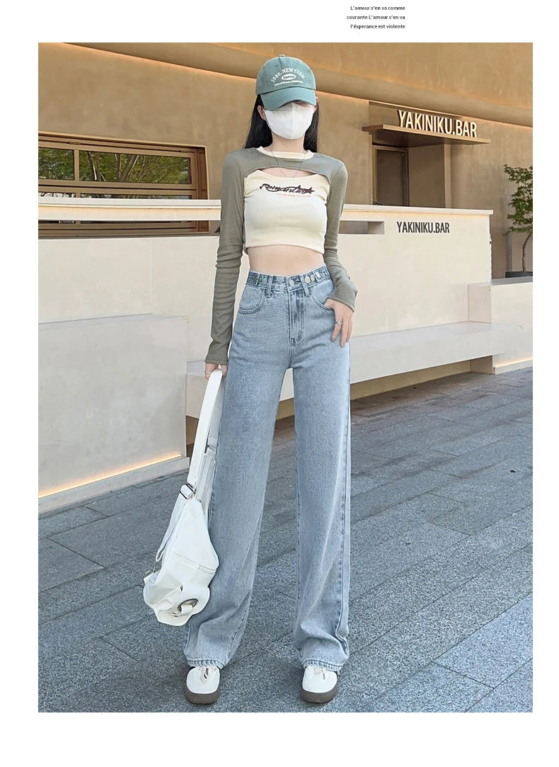 OUSSYU Women Jeans High Waist Wide Leg Loose Straight Adjustable  Waist Denim Pants Vintage Quality Fashion Korea Trousers