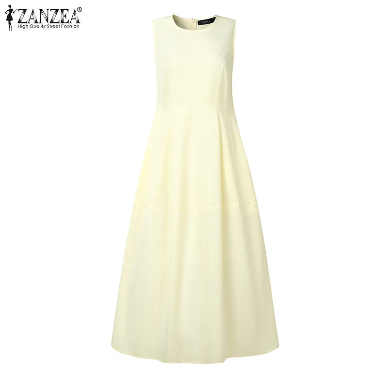 ZANZEA Elegant Women Dresses 2025 Summer Sleeveless Work OL Sundress Stylish Solid Party Dresses Casual O Neck Midi Vestidos
