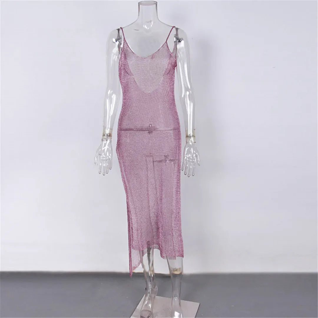 Sexy Sheer Net Mesh Knitted Glitter Tunic Beach Cover Up Cover-ups Long Beach Dress Beach Wear Beachwear Female Women Robe V651