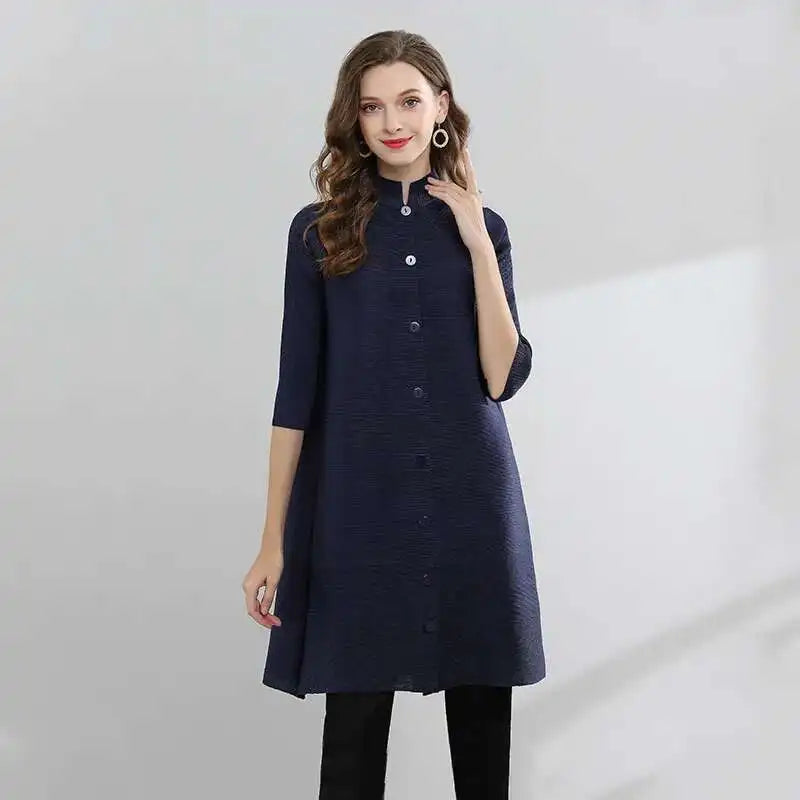 LANMREM Women  Pleated Single Breasted Dress New Stand Theree Quarter Sleeve  Fashion Tide Spring 2025 2F0095