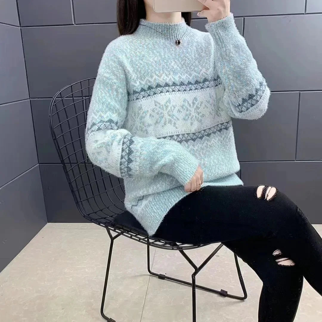 Christmas Knitted Sweater Half High Collar Snowflake Design New Autumn Winter Thickened Women's Sweater Independent Station