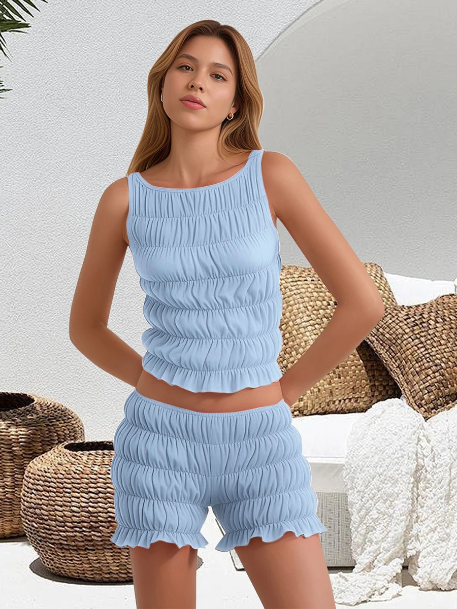 Women's 2 Piece Lounge Outfits Sleeveless Solid Color Ruched Tank Tops Shorts Sets