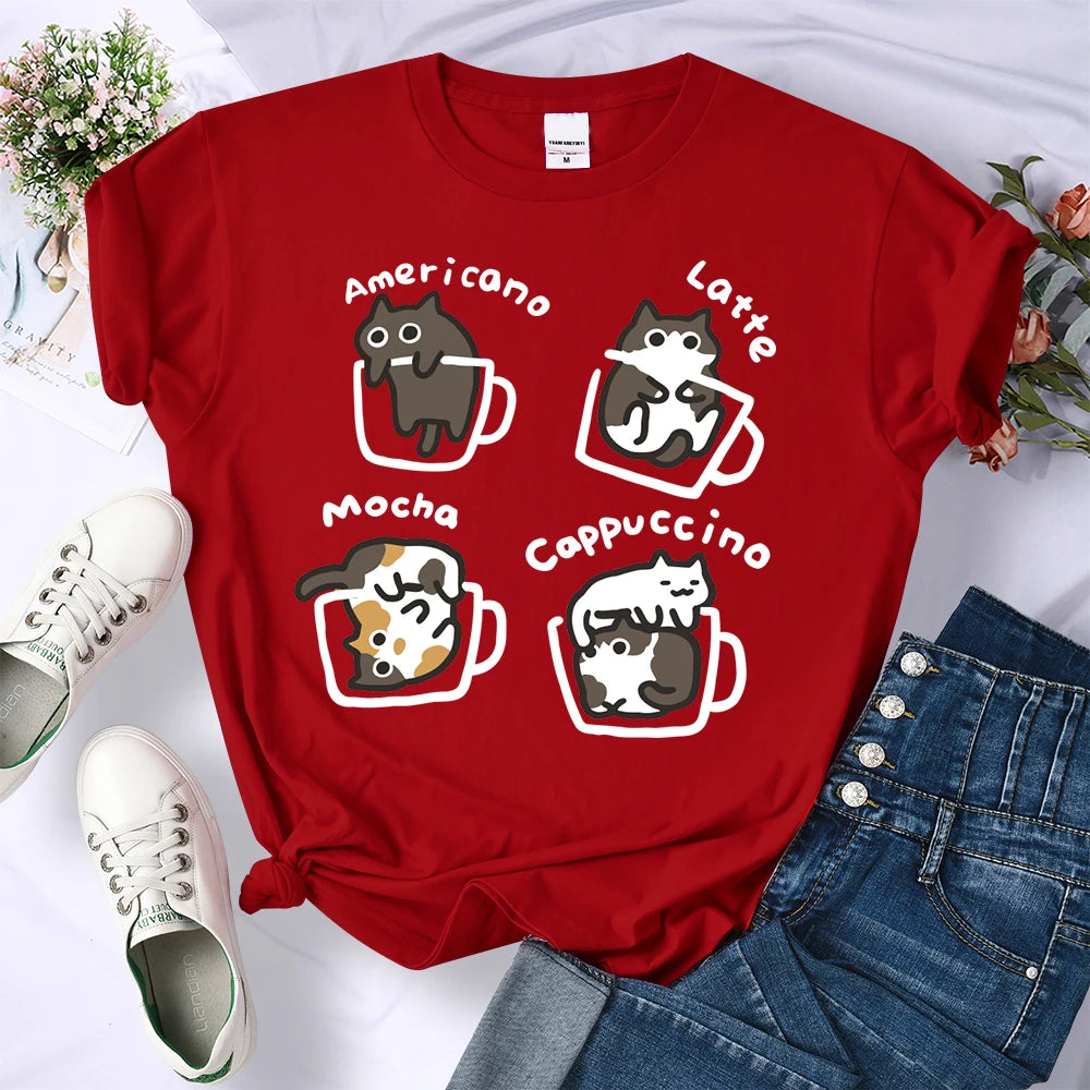 Cat Coffee Art Letter Printed T-Shirts Women Breathable O-Neck Tee Shirts Loose Short Sleeve Soft Street Casual Clothes Female