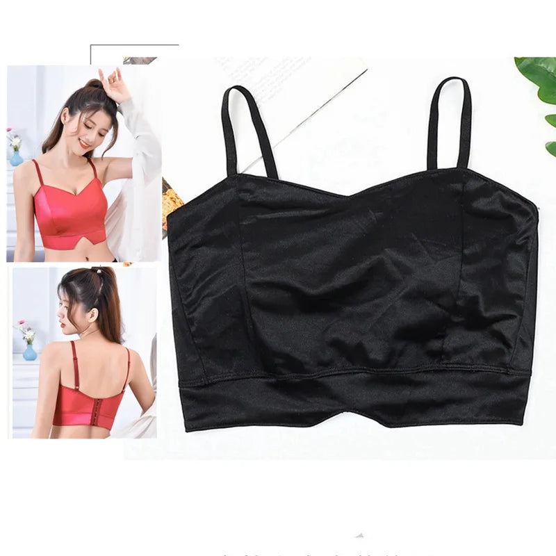 Sexy Satin Crop Tops Women Wireless Bralette Crochet Top Female Spaghetti Strap T-shirt Cropped With Chest Padded Camisole Camis