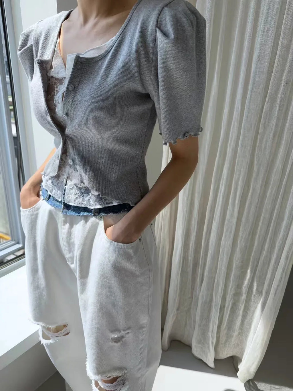 Liliang Lace Splicing Fake Two-Piece Knitted Top Women Summer New Vintage Earlet Lace Trim ort Sve Loose Fit Cardigan