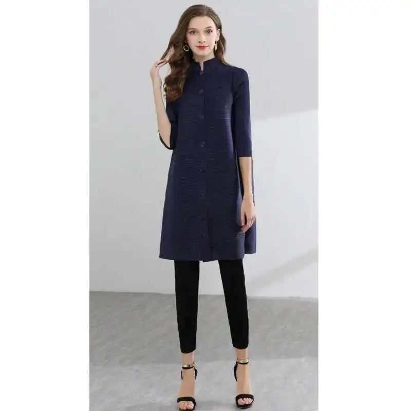 LANMREM Women  Pleated Single Breasted Dress New Stand Theree Quarter Sleeve  Fashion Tide Spring 2025 2F0095