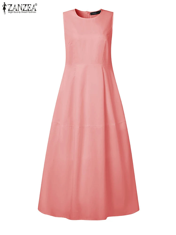 ZANZEA Elegant Women Dresses 2025 Summer Sleeveless Work OL Sundress Stylish Solid Party Dresses Casual O Neck Midi Vestidos