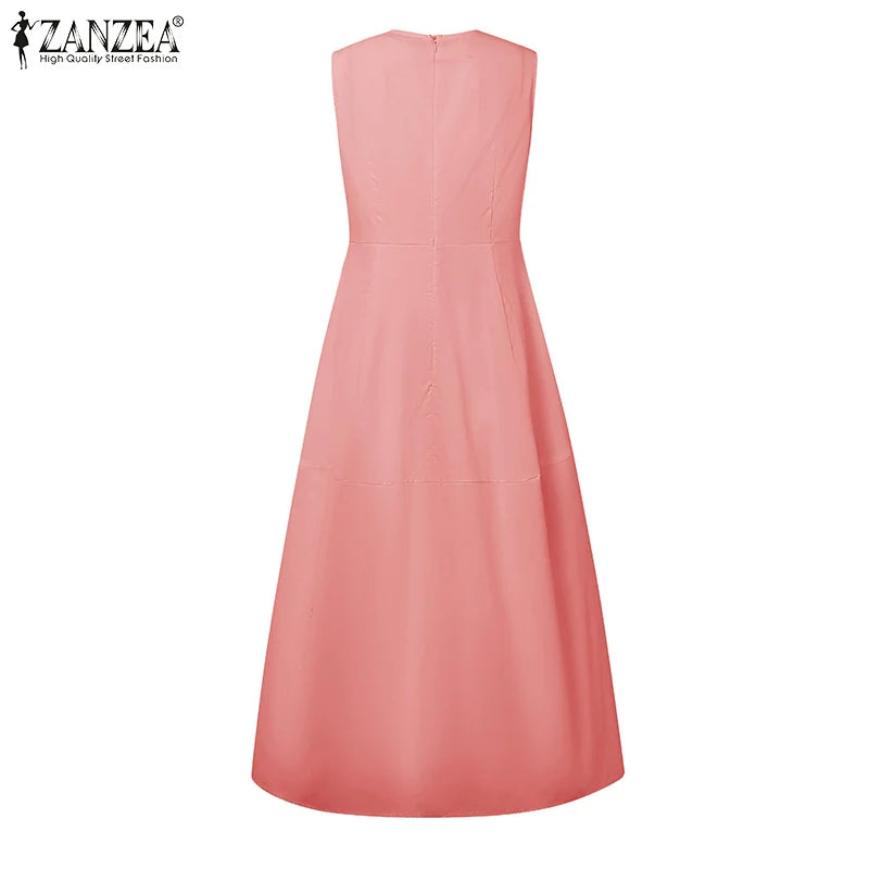 ZANZEA Elegant Women Dresses 2025 Summer Sleeveless Work OL Sundress Stylish Solid Party Dresses Casual O Neck Midi Vestidos