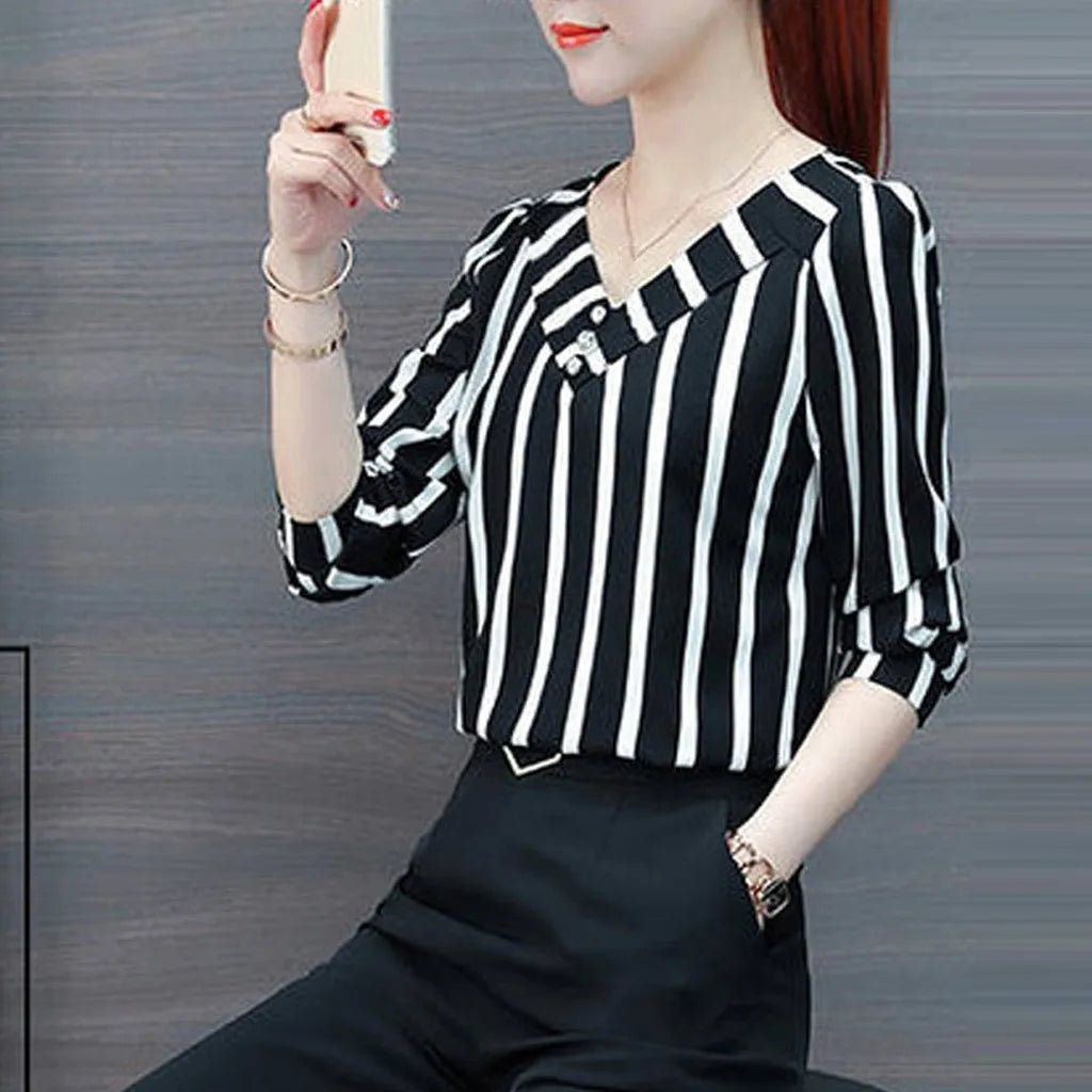 Business Tops Shirts Women Fashion Leisure Three Quarter Sleeve V Neck Blouse Stripe Print Women's Lace Slimming T Shirts
