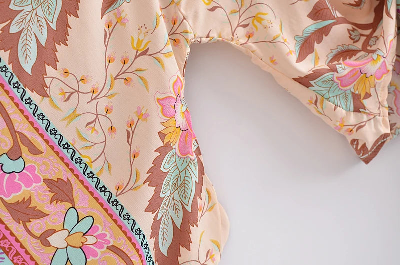 Boho Vintage Floral Print Beach Summer Short Kimono Women Fashion Ladies Casual V Neck Batwing Sleeves Bohemian Cover-ups