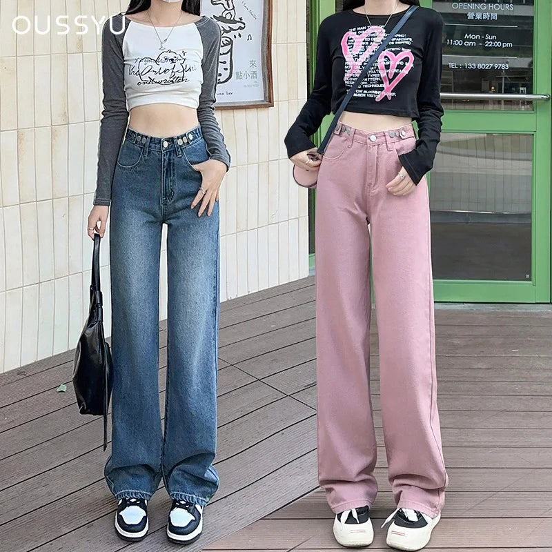 OUSSYU Women Jeans High Waist Wide Leg Loose Straight Adjustable  Waist Denim Pants Vintage Quality Fashion Korea Trousers