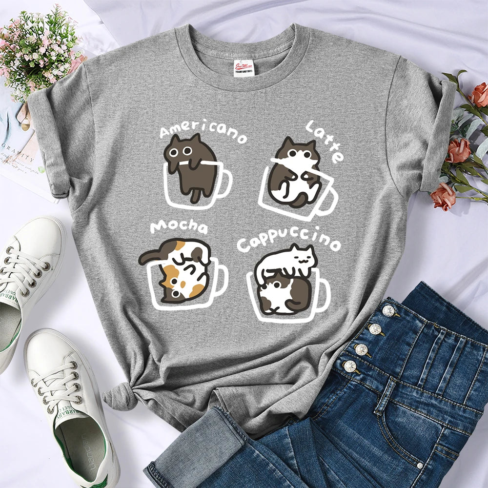 Cat Coffee Art Letter Printed T-Shirts Women Breathable O-Neck Tee Shirts Loose Short Sleeve Soft Street Casual Clothes Female