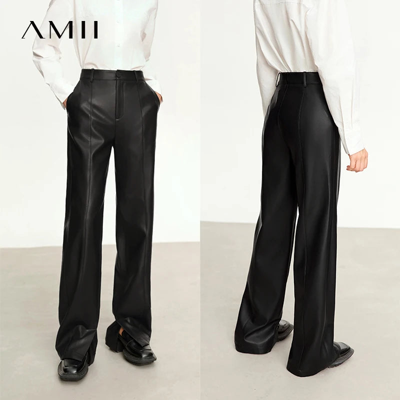 AMII Minimalist Casual Pants for Women 2025 Autumn Clothing PU Leather Loose Straight Pants Slit Office Lady Trousers 12343250