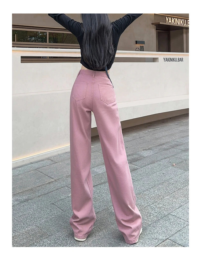 OUSSYU Women Jeans High Waist Wide Leg Loose Straight Adjustable  Waist Denim Pants Vintage Quality Fashion Korea Trousers