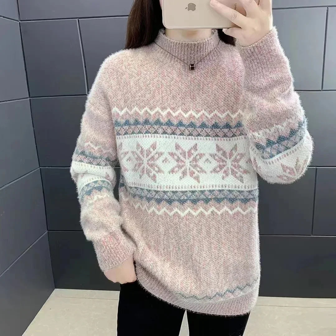 Christmas Knitted Sweater Half High Collar Snowflake Design New Autumn Winter Thickened Women's Sweater Independent Station