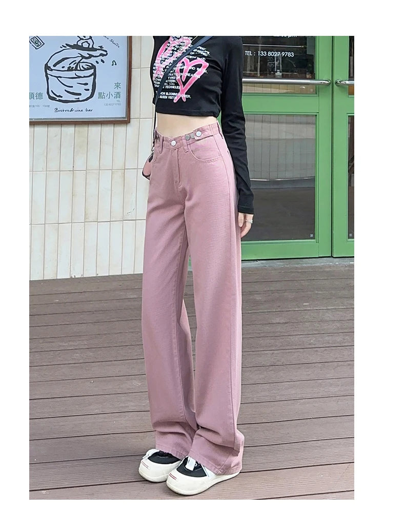 OUSSYU Women Jeans High Waist Wide Leg Loose Straight Adjustable  Waist Denim Pants Vintage Quality Fashion Korea Trousers