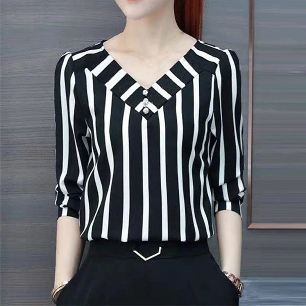 Business Tops Shirts Women Fashion Leisure Three Quarter Sleeve V Neck Blouse Stripe Print Women's Lace Slimming T Shirts