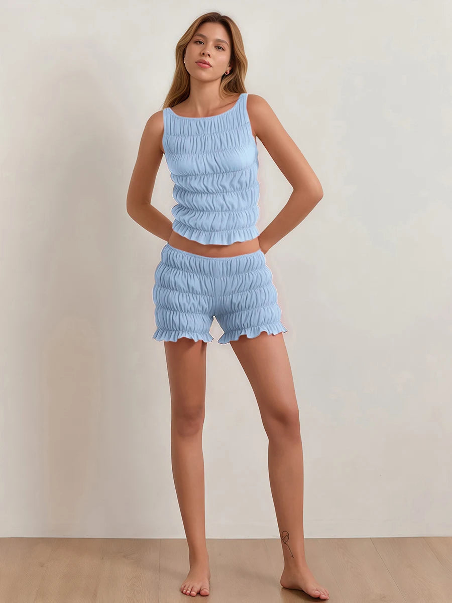 Women's 2 Piece Lounge Outfits Sleeveless Solid Color Ruched Tank Tops Shorts Sets