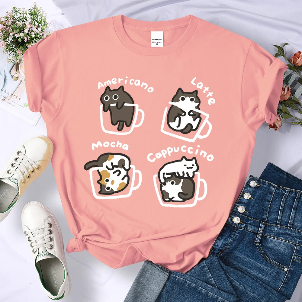 Cat Coffee Art Letter Printed T-Shirts Women Breathable O-Neck Tee Shirts Loose Short Sleeve Soft Street Casual Clothes Female