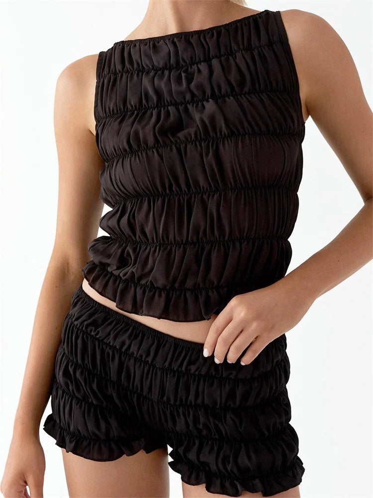 Women's 2 Piece Lounge Outfits Sleeveless Solid Color Ruched Tank Tops Shorts Sets