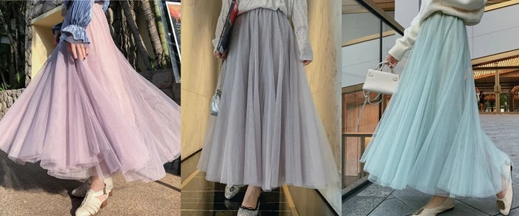 TingYiLi 4 Layers Tulle Skirts Womens Black Gray White Adult Tulle Skirt Elastic High Waist Pleated Midi Skirt
