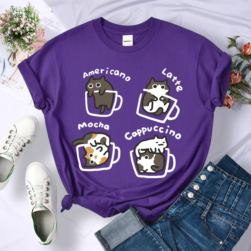 Cat Coffee Art Letter Printed T-Shirts Women Breathable O-Neck Tee Shirts Loose Short Sleeve Soft Street Casual Clothes Female