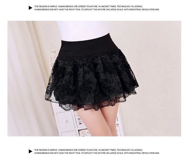 Zuolunouba Summer Slim Preppy Skirt Women Flower Bow Mini Tutu Style Elasticity Lace Skirts Shorts Lady High Waist Student