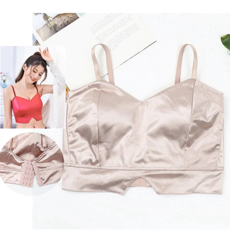 Sexy Satin Crop Tops Women Wireless Bralette Crochet Top Female Spaghetti Strap T-shirt Cropped With Chest Padded Camisole Camis