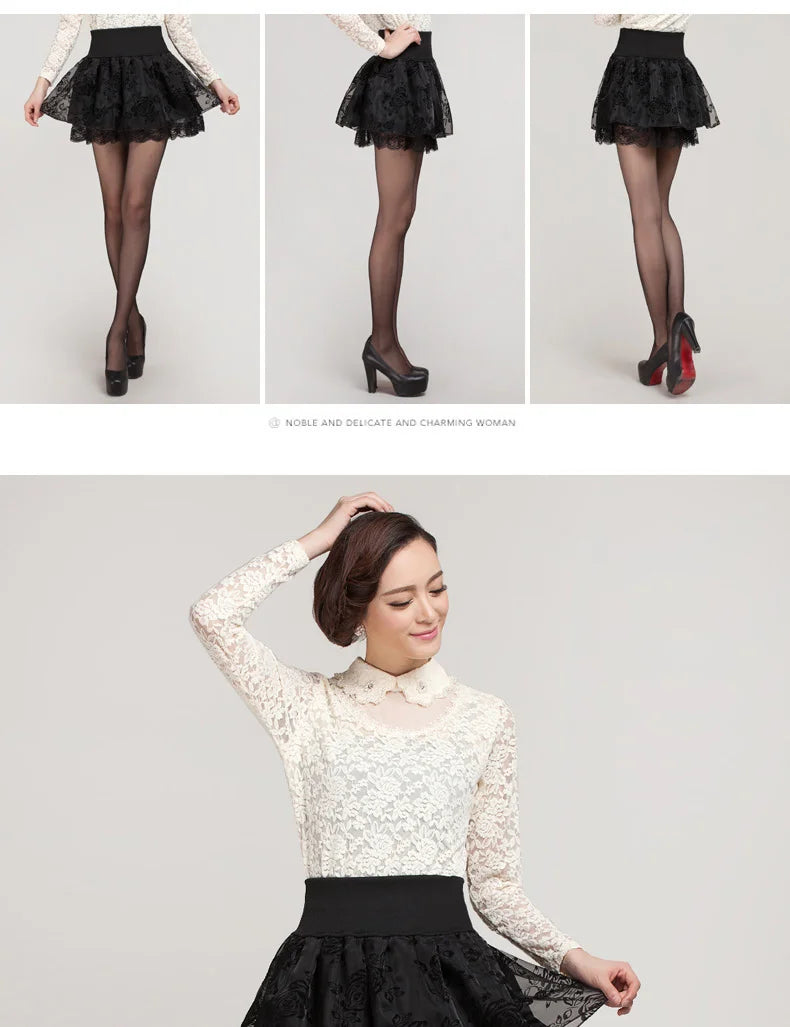 Zuolunouba Summer Slim Preppy Skirt Women Flower Bow Mini Tutu Style Elasticity Lace Skirts Shorts Lady High Waist Student