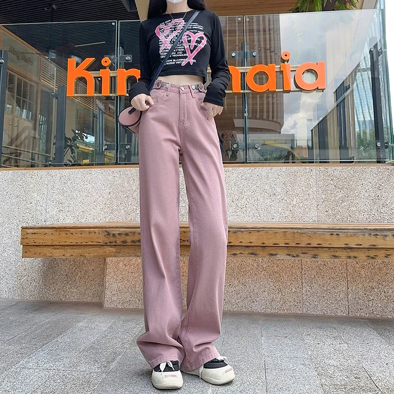 OUSSYU Women Jeans High Waist Wide Leg Loose Straight Adjustable  Waist Denim Pants Vintage Quality Fashion Korea Trousers