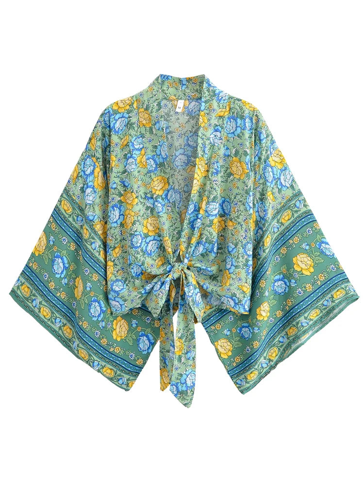 Boho Vintage Floral Print Beach Summer Short Kimono Women Fashion Ladies Casual V Neck Batwing Sleeves Bohemian Cover-ups
