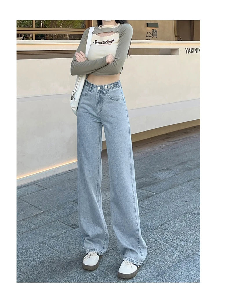 OUSSYU Women Jeans High Waist Wide Leg Loose Straight Adjustable  Waist Denim Pants Vintage Quality Fashion Korea Trousers