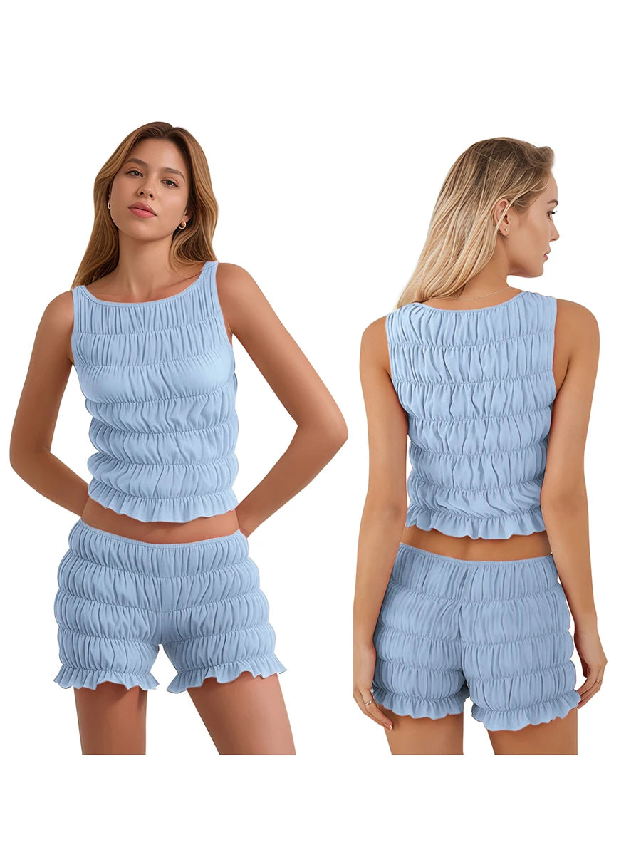 Women's 2 Piece Lounge Outfits Sleeveless Solid Color Ruched Tank Tops Shorts Sets