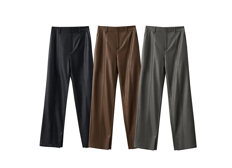 AMII Minimalist Casual Pants for Women 2025 Autumn Clothing PU Leather Loose Straight Pants Slit Office Lady Trousers 12343250