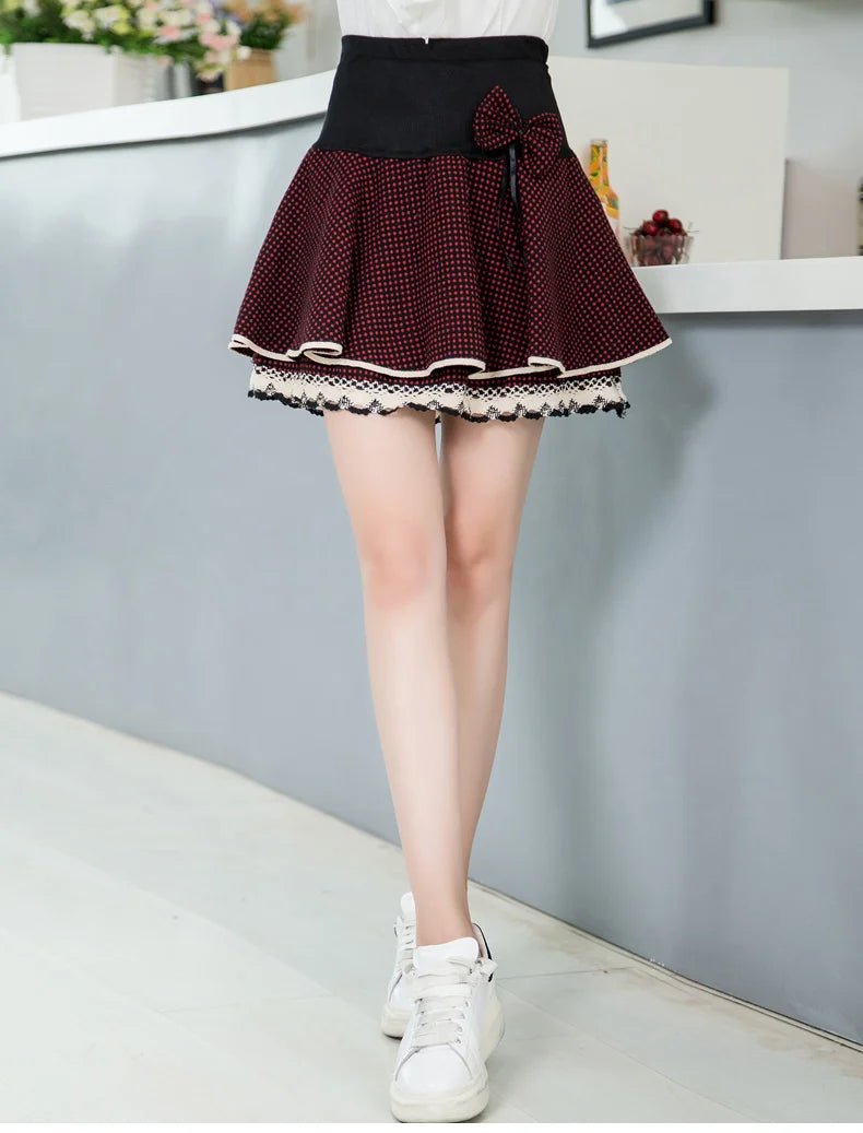 Zuolunouba Summer Slim Preppy Skirt Women Flower Bow Mini Tutu Style Elasticity Lace Skirts Shorts Lady High Waist Student